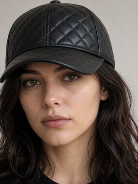 Women's Black Quilted Faux Leather Baseball Cap Diamond Stitch Adjustable Strap